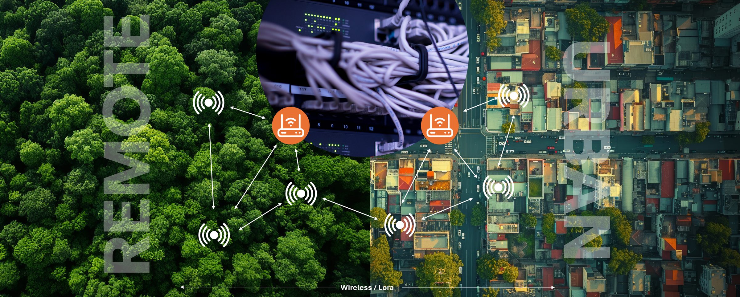Network diagram: token devices in remote forest and urban areas send wireless LoRa signals to gateway devices